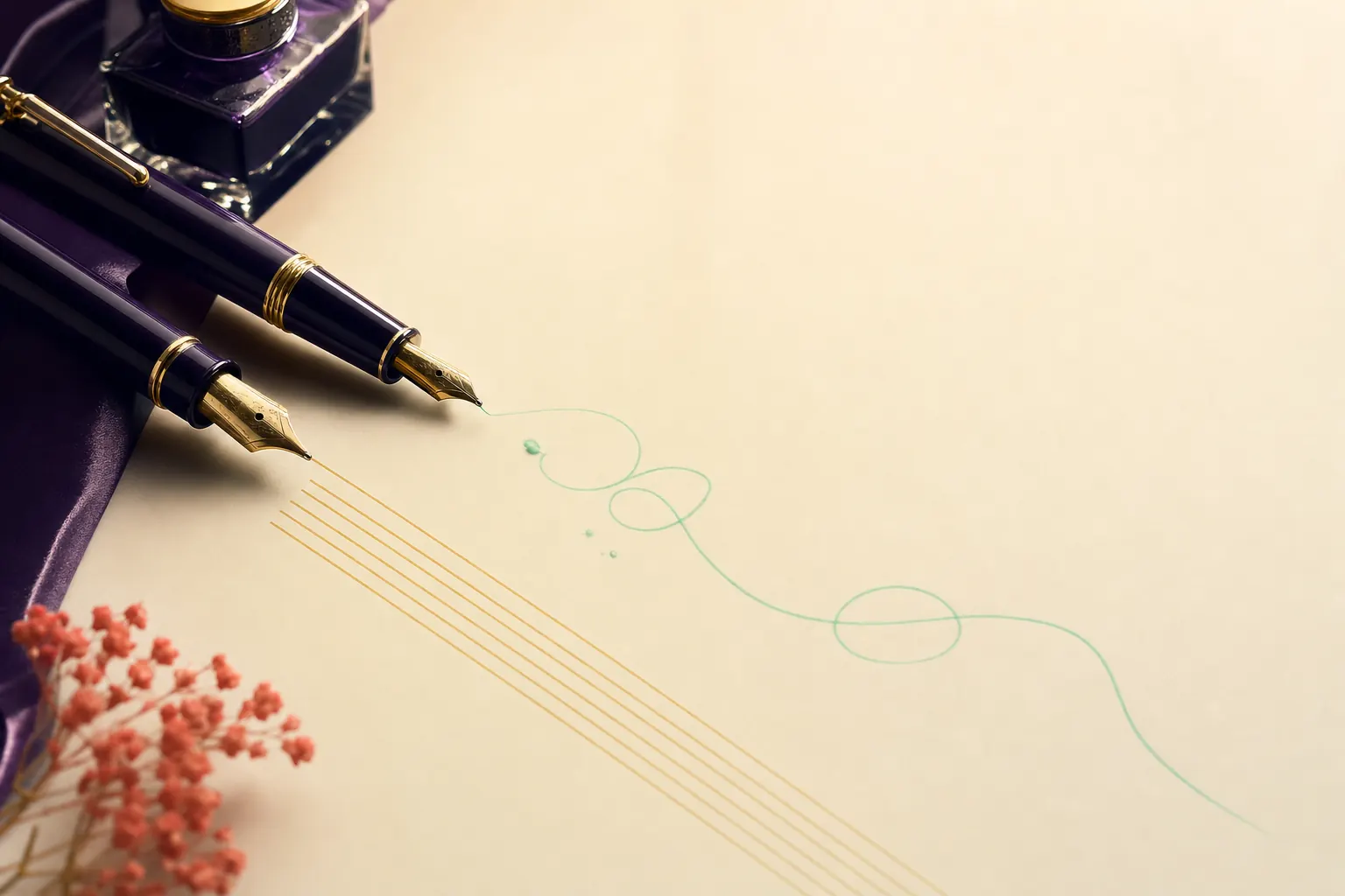 Two fountain pens side by side, one drawing rigid ruled lines and the other loose flowing ink curves