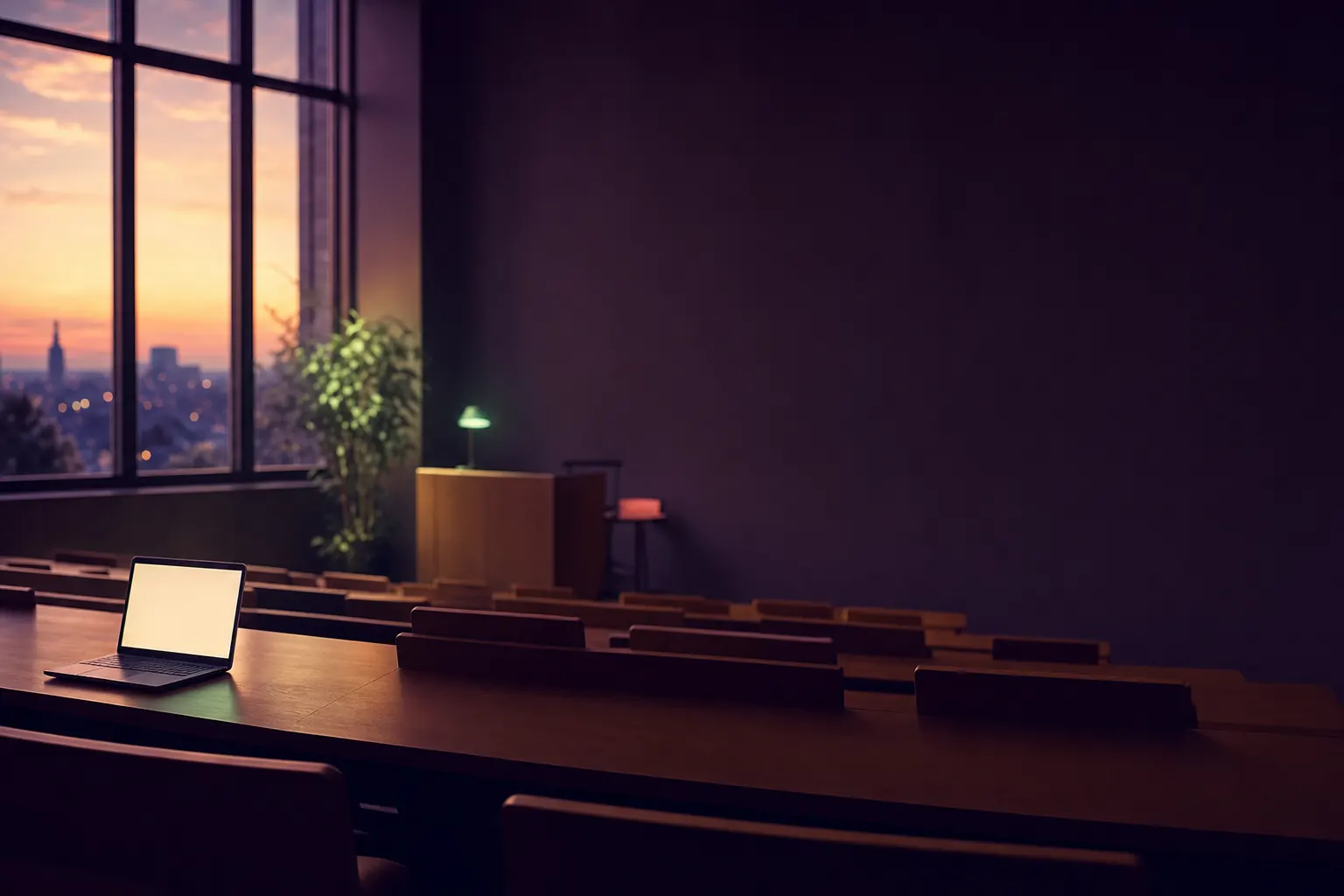 Empty lecture hall at dusk with a single open laptop on a wooden desk