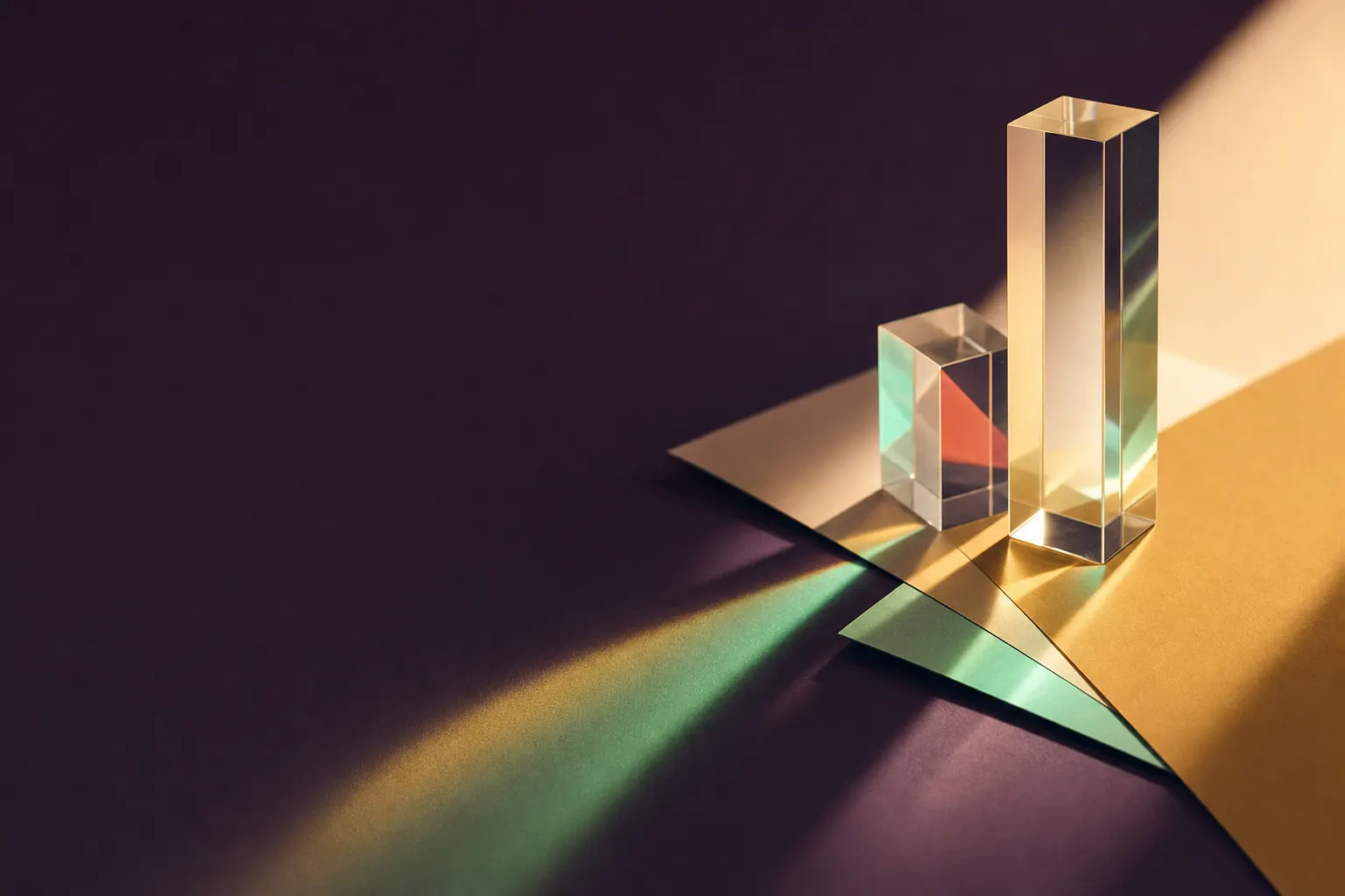 Glass prisms on a dark purple surface splitting warm light into gold and mint rays across paper