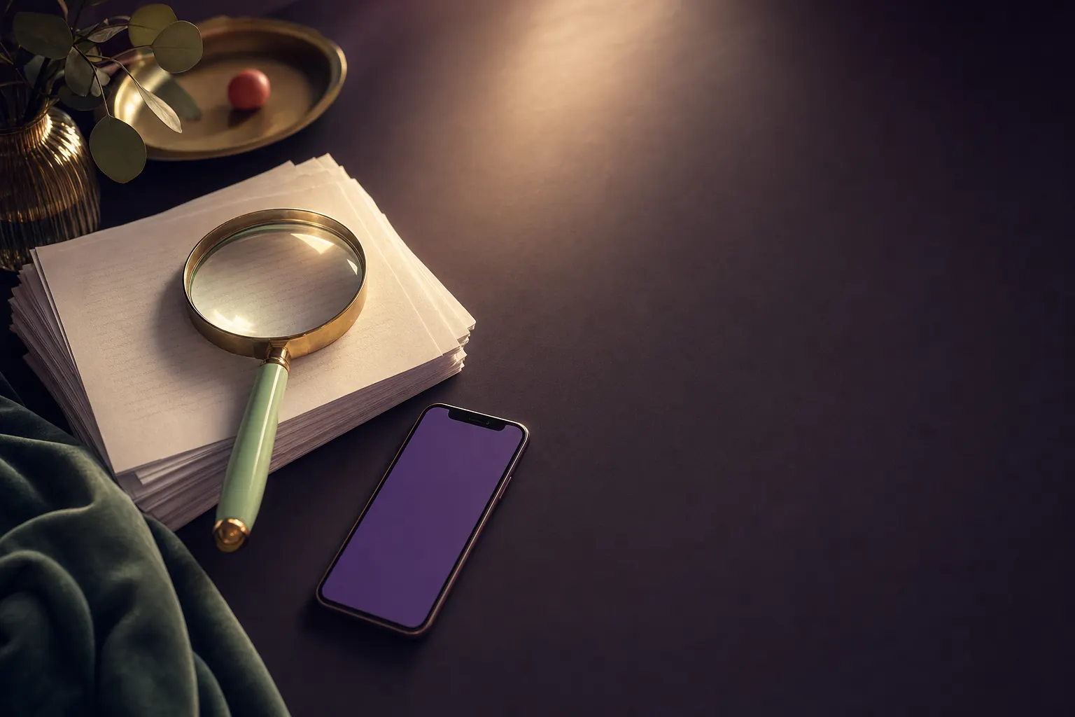 Brass magnifying glass resting on a stack of papers next to a phone with a glowing purple screen