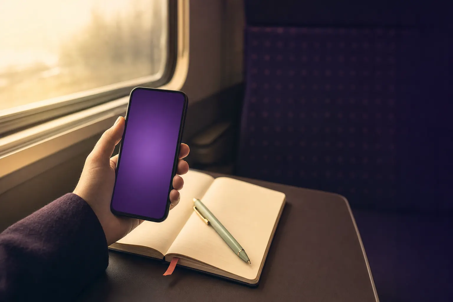 Hand holding a phone with a glowing purple screen above an open notebook on a train table