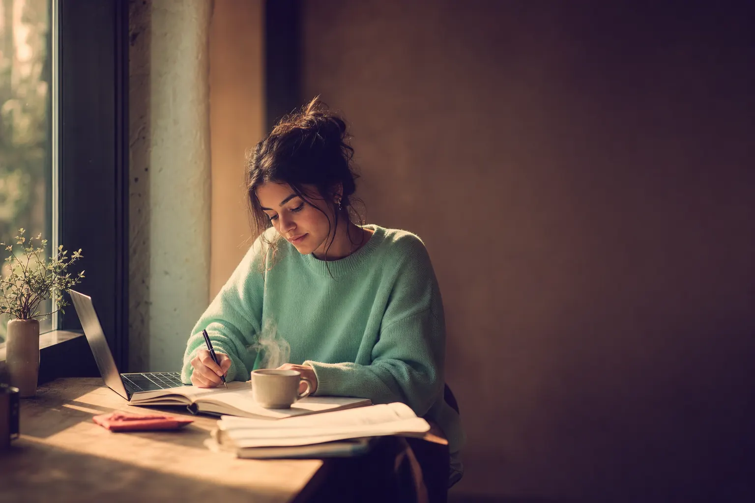 Student in a mint sweater writing in a notebook by a window, with a laptop pushed aside and a steaming cup