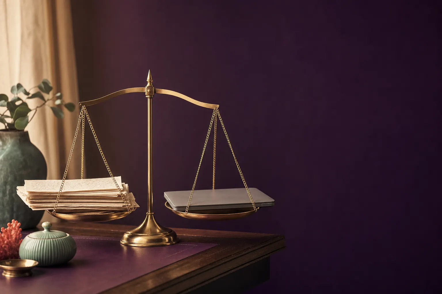 Brass balance scale on a desk with handwritten pages on one side and a closed laptop on the other