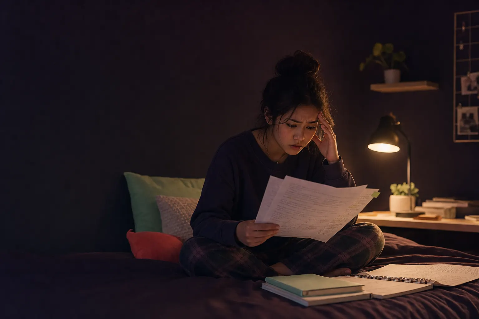 Worried student sitting on a bed late at night reading printed drafts under a desk lamp