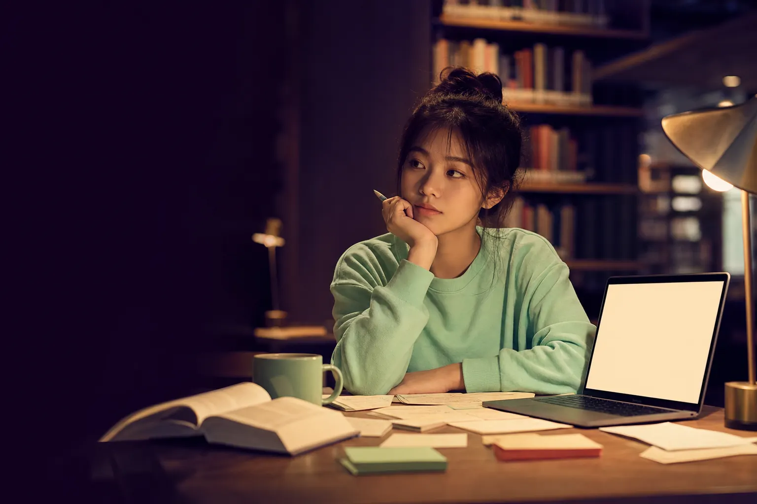 Student in a mint sweater at a library desk with a laptop, open books and flashcards, looking thoughtful