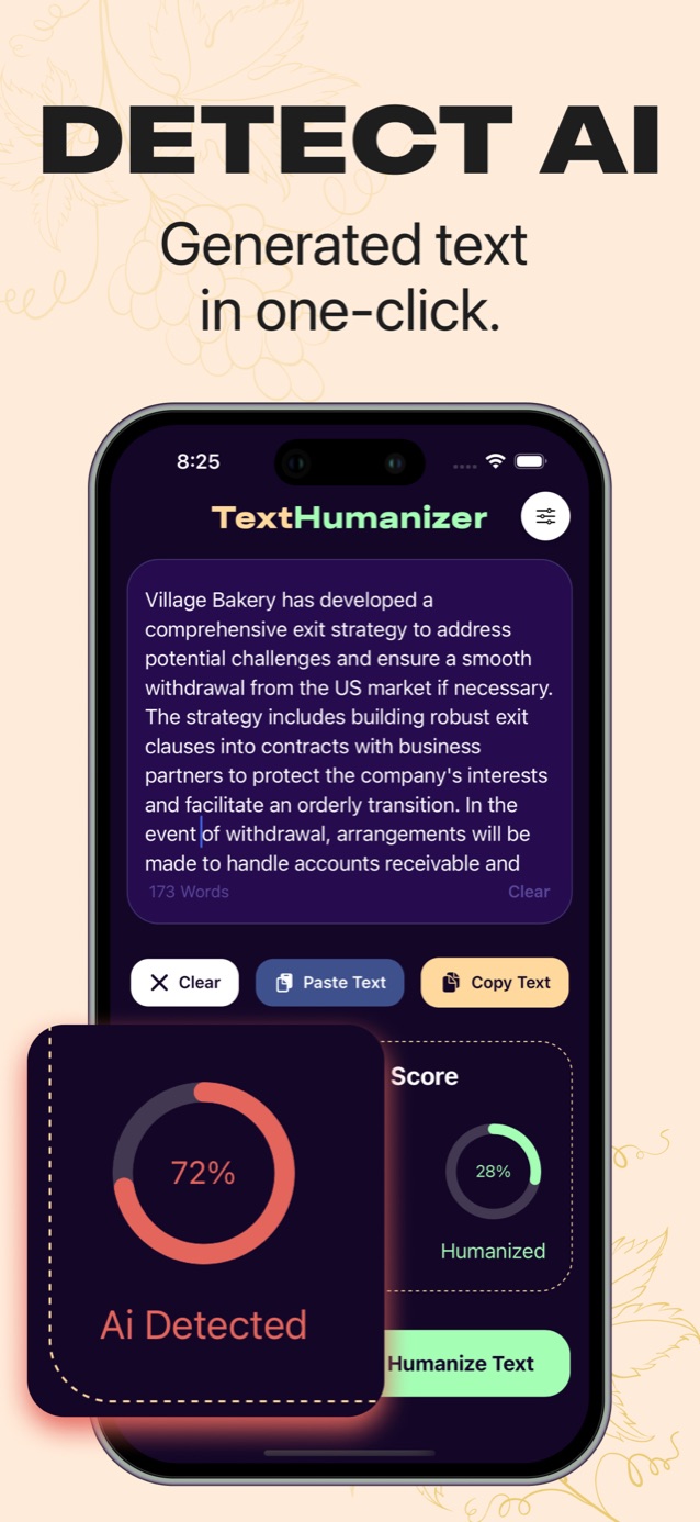 TextHumanizer showing a 72% AI detected score for a pasted business paragraph