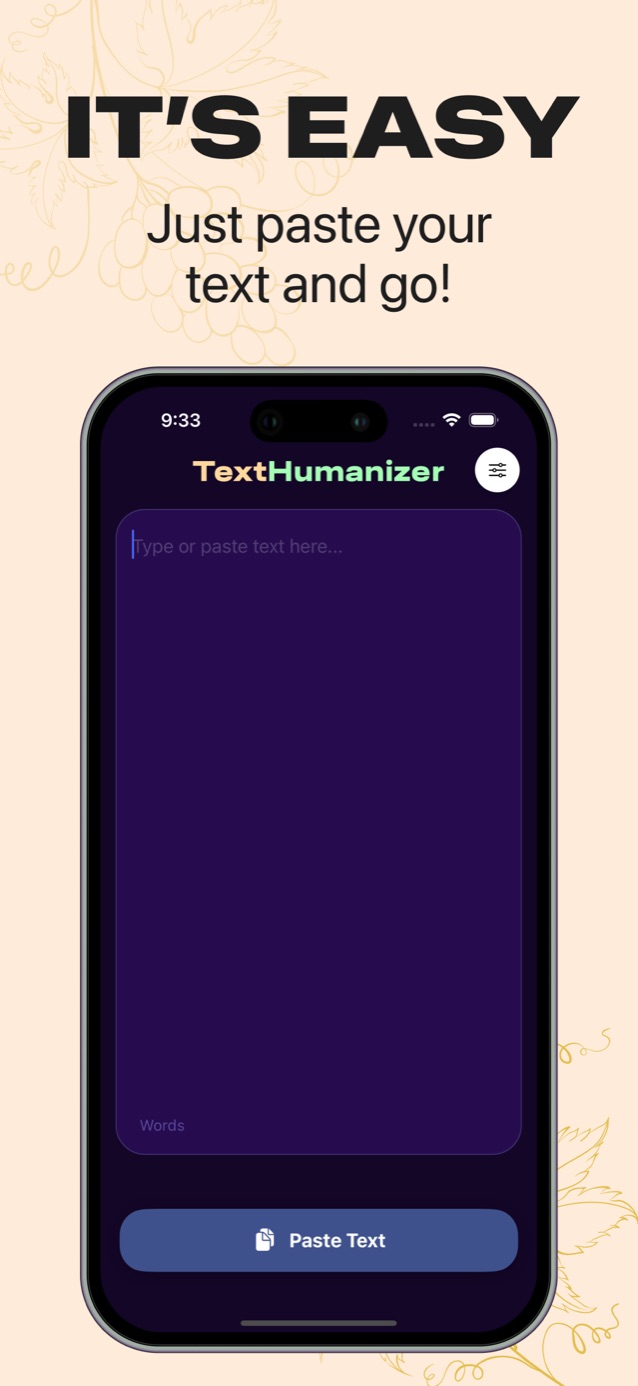 Empty TextHumanizer editor with a Paste Text button